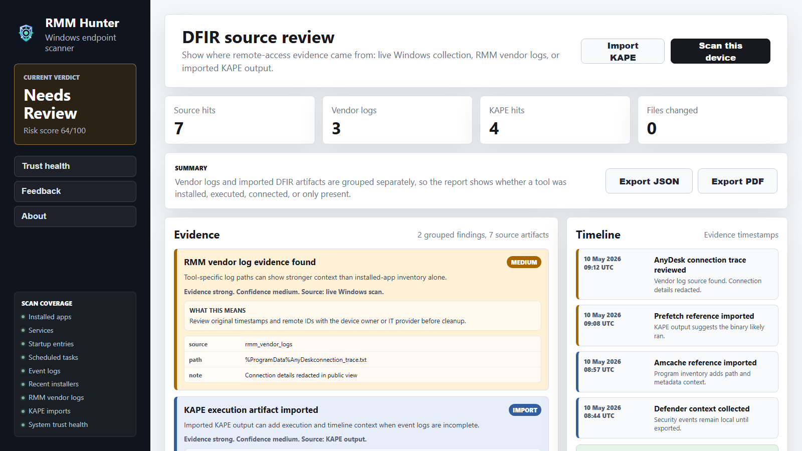 RMM Hunter Windows DFIR scanner interface preview